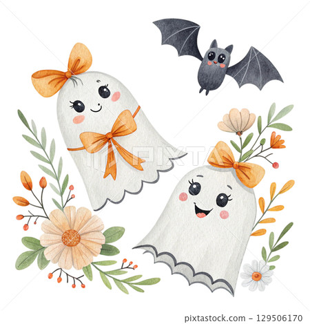 watercolor pastel-colored ghosts with vintage floral fabric White Background  129506170