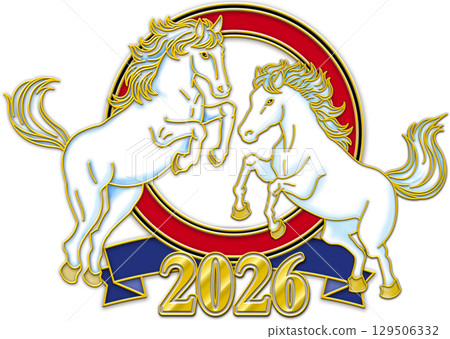 馬年賀年卡_正面馬徽_紅圈_藍絲帶_兩匹白馬_2026 129506332