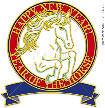 馬年插畫_紅圈_綠絲帶_白馬_白馬_馬插畫 129506336