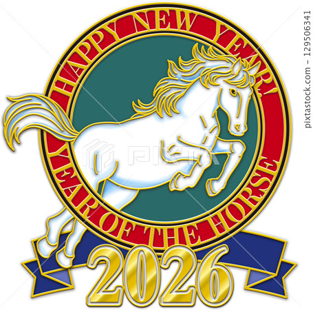馬年插圖,紅色圓圈,藍色絲帶,綠色背景,白馬,2026 馬年插圖,紅色圓圈,藍色絲帶,綠色背景,白馬,2026 129506341