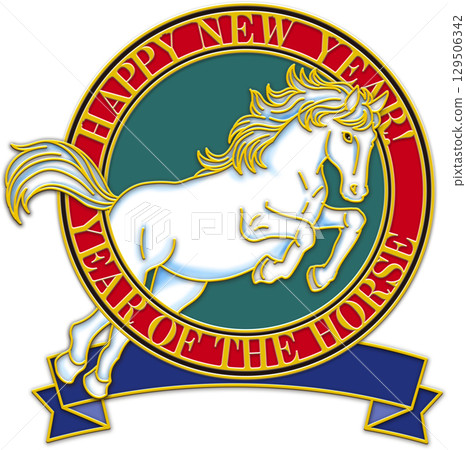 Year of the Horse illustration, red circle, blue ribbon, green background, white horse, cool horse illustration, New Year's card Year of the Horse illustration, red circle, blue ribbon, green background, white horse, cool horse illustration, New Year's card 129506342