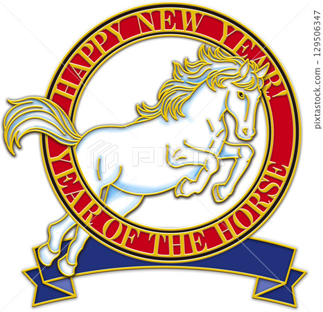 馬年插畫_紅圈_藍絲帶_透明_白馬_酷馬插圖新年賀卡 馬年插畫_紅圈_藍絲帶_透明_白馬_酷馬插圖新年賀卡 129506347