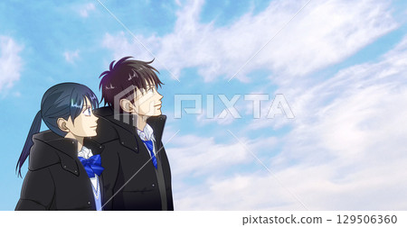 動漫風格的插圖，描繪了一對男女高中生或初中生仰望冬日的天空，右側有空間 129506360