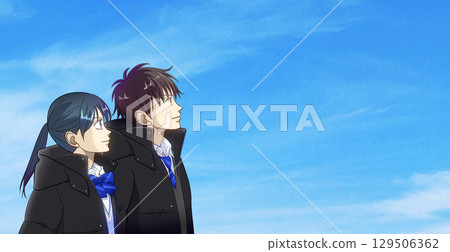 Anime-style illustration of a male and female high school or junior high school student looking up at the winter sky, with space on the right 129506362