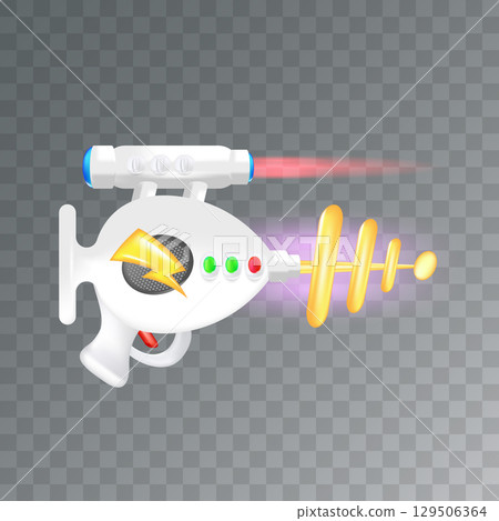 Cartoon super space energy blaster isolated on transparent background. Retro game label or icon with vintage space laser pistol gun. Tesla electric coil gun 129506364