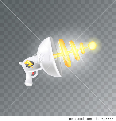 Cartoon super space energy blaster isolated on transparent background. Retro game label or icon with vintage space laser pistol gun. Tesla electric coil gun Cartoon super space energy blaster isolated on transparent background. Retro game label or icon with vintage space laser pistol gun. Tesla electric coil gun 129506367