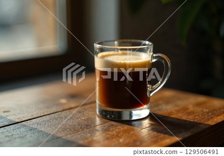Glass mug coffee on dark background, drink for restaurant menu. AI Generative Glass mug coffee on dark background, drink for restaurant menu. AI Generative 129506491