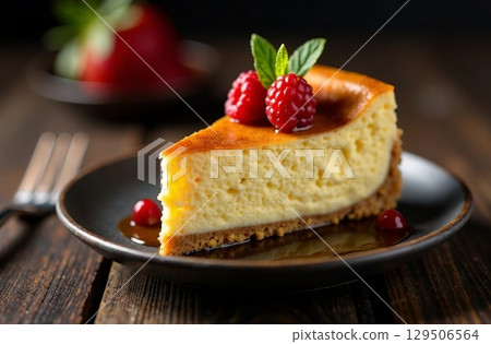 Piece classic cheesecake strawberries, dessert photo restaurant. AI Generative 129506564