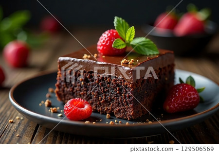 Piece classic chocolate cake, dessert photo restaurant bakery. AI Generative Piece classic chocolate cake, dessert photo restaurant bakery. AI Generative 129506569