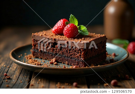 Piece classic chocolate cake, dessert photo restaurant bakery. AI Generative Piece classic chocolate cake, dessert photo restaurant bakery. AI Generative 129506570