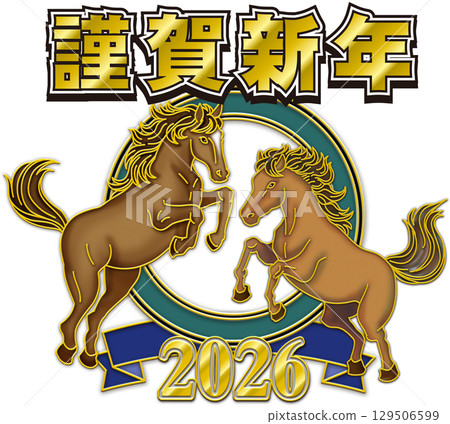 馬插圖_馬年_馬年_新年賀卡_面對馬的徽章_ 129506599