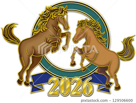 馬插圖_馬年_馬年_新年賀卡_面向馬的徽章_兩匹棕色的馬_2026 129506600