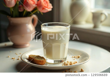 Glass milk light background, drink photo restaurant. AI Generative 129506689