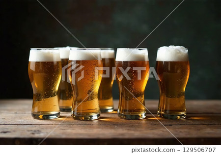 Glass mug of beer on dark background. Drink photo bar restaurant. AI Generative Glass mug of beer on dark background. Drink photo bar restaurant. AI Generative 129506707