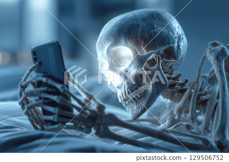 Skeleton with smartphone in bed 129506752