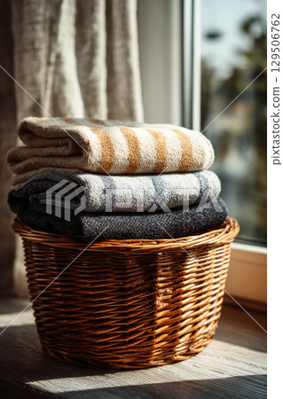 Towels in wicker basket by window 129506762