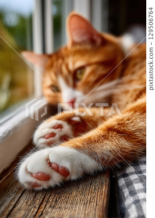 Ginger cat on windowsill with focus on cat paws 129506764