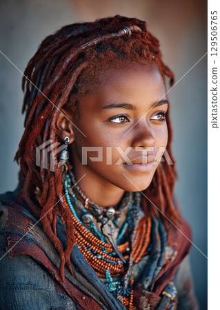African tribal girl portrait with red hair and beaded necklace 129506765