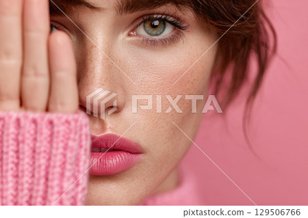Woman face close up with hand covering eye 129506766
