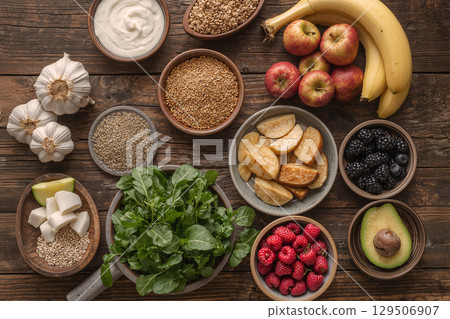 An assortment of fresh fruits, vegetables, seeds, and grains for a balanced and nutritious diet on a rustic wood background. 129506907