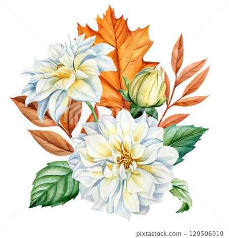 Watercolor autumn bouquet with white dahlias green leaves and orange oak foliage in seasonal floral composition 129506919