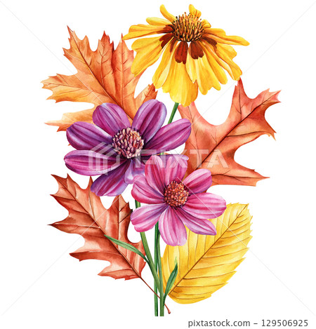 Autumn bouquet with yellow and purple flowers, colorful leaves in seasonal botanical arrangement. Watercolor hand painted flora 129506925