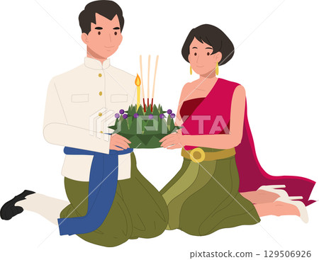 thai cultural festival scene with couple kneeling in traditional attire holding krathong for loy krathong celebration in thailand thai cultural festival scene with couple kneeling in traditional attire holding krathong for loy krathong celebration in thailand 129506926