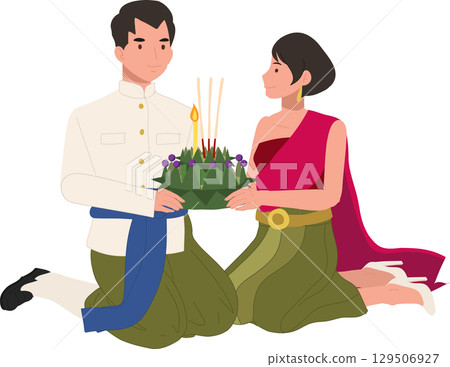 thai cultural festival scene with couple kneeling in traditional attire holding krathong for loy krathong celebration in thailand thai cultural festival scene with couple kneeling in traditional attire holding krathong for loy krathong celebration in thailand 129506927