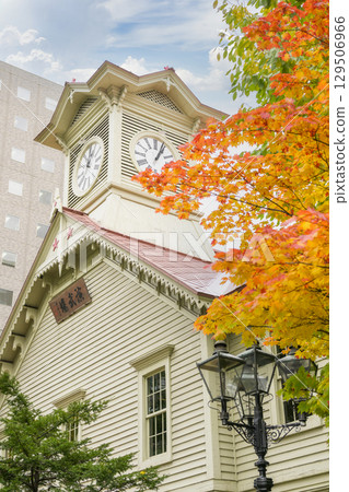 Sapporo clock tower in autumn 129506966