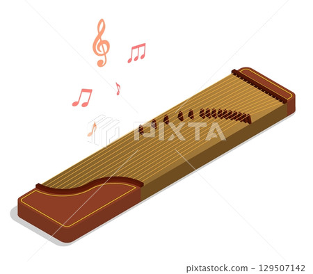 Isometric wooden national Japanese string instrument KOTO plays a melody. Notes rise up into air. Realistic 3D vector concept isolated on white background Isometric wooden national Japanese string instrument KOTO plays a melody. Notes rise up into air. Realistic 3D vector concept isolated on white background 129507142