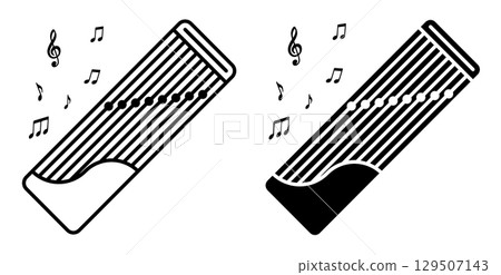 Linear icon. National Japanese string instrument KOTO. Simple black and white vector isolated on white background Linear icon. National Japanese string instrument KOTO. Simple black and white vector isolated on white background 129507143