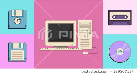 Back to 90s. Flat vector set of old computer pc, vintage video cassette, floppy disk, tape recorder cassette and compact disc. Nostalgia for 1990s Back to 90s. Flat vector set of old computer pc, vintage video cassette, floppy disk, tape recorder cassette and compact disc. Nostalgia for 1990s 129507154