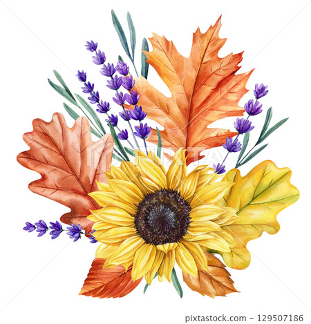 Autumn bouquet with sunflower lavender and colorful oak leaves in seasonal watercolor botanical composition. Boho arrangement 129507186