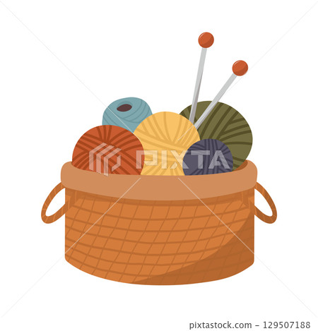 Basket with balls of yarn in different colors, blue, red, yellow and two knitting needles. Hand drawn Flat style Basket with threads. For DIY store, hobby sites, Handmade, Knitting 129507188