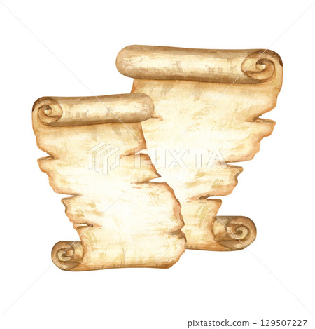 Two papyrus scrolls. Ancient Egyptian old paper sheets, rolls. Watercolor illustration isolated from background. Hand drawn empty template. Written medium for composition design, messages, postcards 129507227
