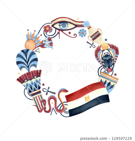 Circle frame Egyptian style, religion icons, flag of Egypt, sacred lotus. Scarab beetle, Eye of Horus, Ankh, ancient vase, snake. Watercolor illustration isolated from background. Postcard, template 129507229
