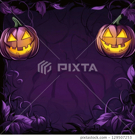 Violet Halloween background with pumpkin and plants. Abstract grunge wallpaper for holiday party 129507253