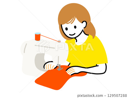 Illustration of a woman using a sewing machine Illustration of a woman using a sewing machine 129507288