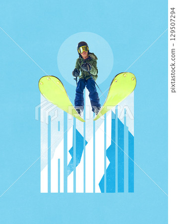 Contemporary collage of skier in dynamic jump framed by stylized mountain typography 129507294
