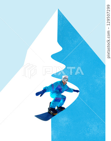 Bright collage of snowboarder in bright gear performing downhill ride within stylized mountain cutout graphic 129507299