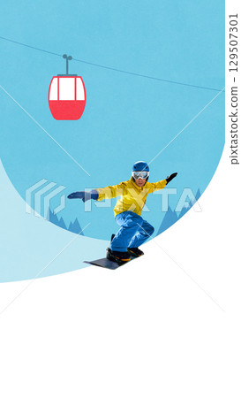 Minimalist collage of skier in purple racing downhill on stylized striped slope. 129507301