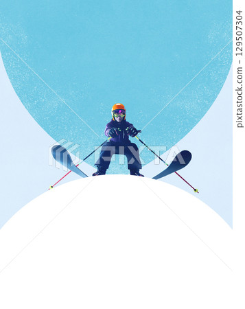 Collage of skier in orange helmet captured from front during steep downhill run in artistic winter setting 129507304