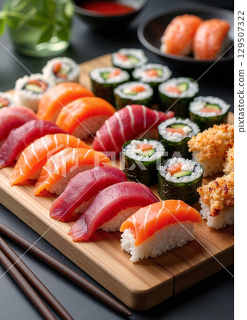A variety of fresh Japanese sushi, including salmon and tuna nigiri and maki rolls, served on a traditional wooden board. A variety of fresh Japanese sushi, including salmon and tuna nigiri and maki rolls, served on a traditional wooden board. 129507322