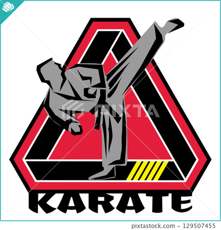 Karate high kick emblem. Martial art colored simbol design. Vector, EPS. 129507455