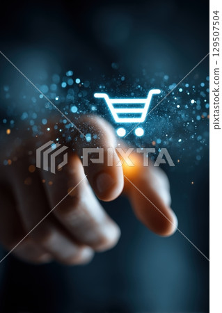 POV of Adding Item to Cart in Online Shopping with Glowing Interface 129507504