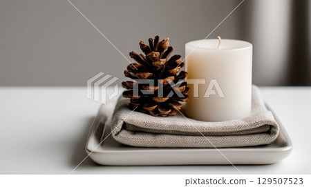 Minimalist Candle and Pinecone on Tray with Neutral Background 129507523