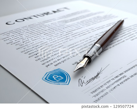 3D style contract with safety lock and insurance emblem 3D style contract with safety lock and insurance emblem 129507724
