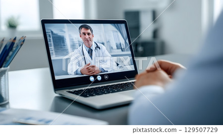 virtual consultation with insurance advisor via laptop screen 129507729