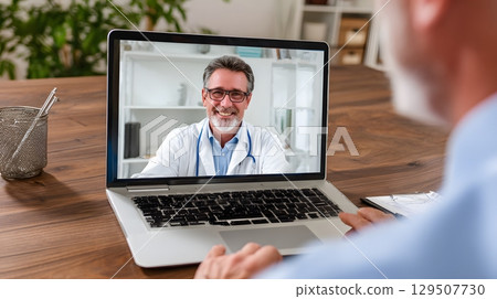 virtual consultation with insurance advisor via laptop screen 129507730