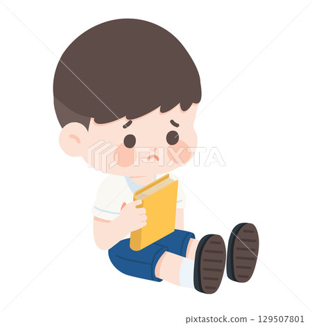 Illustration of Sad Boy Sitting with Book 129507801